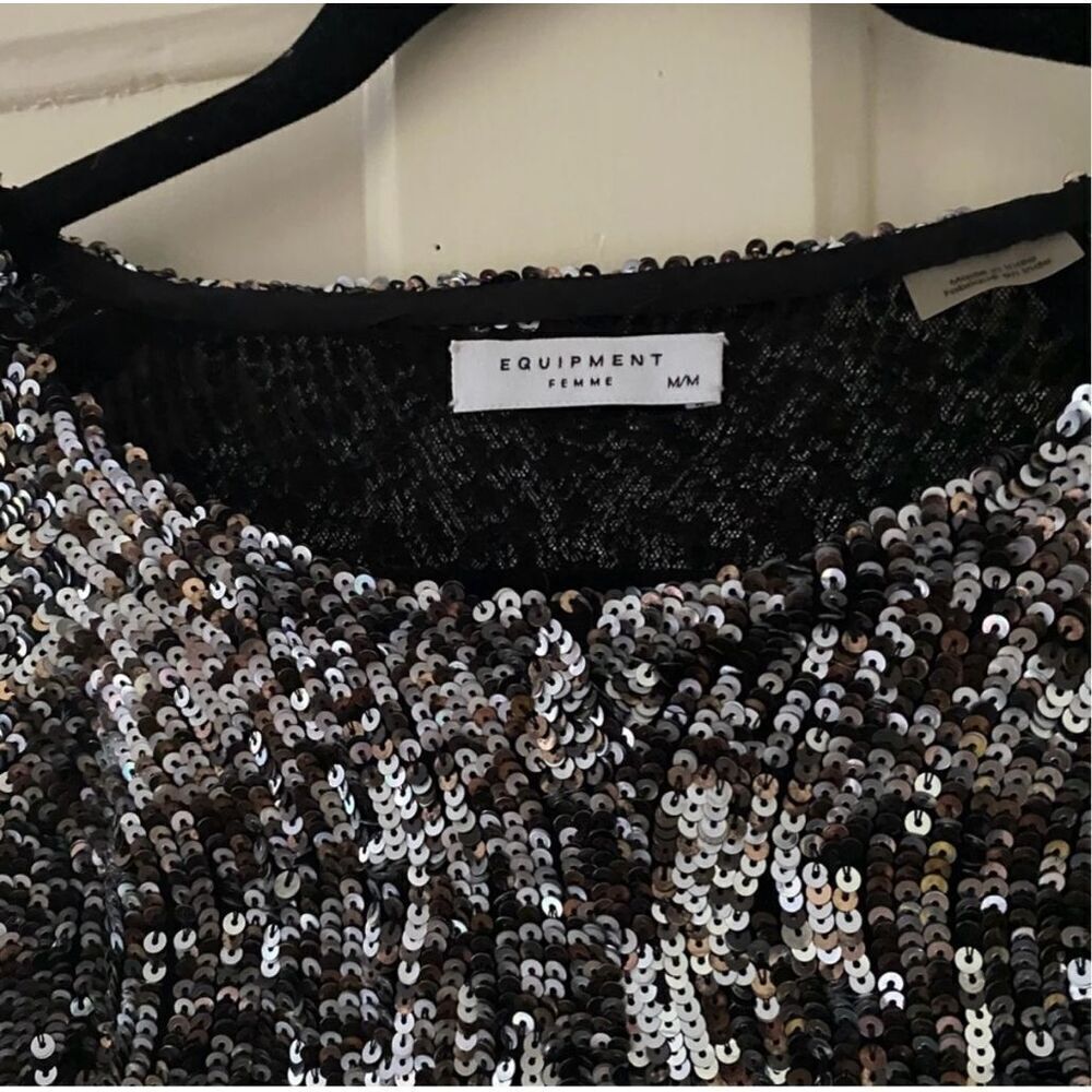 Equipment Abeline Sequin Long Sleeve Top silver black size medium - Picture 3 of 5
